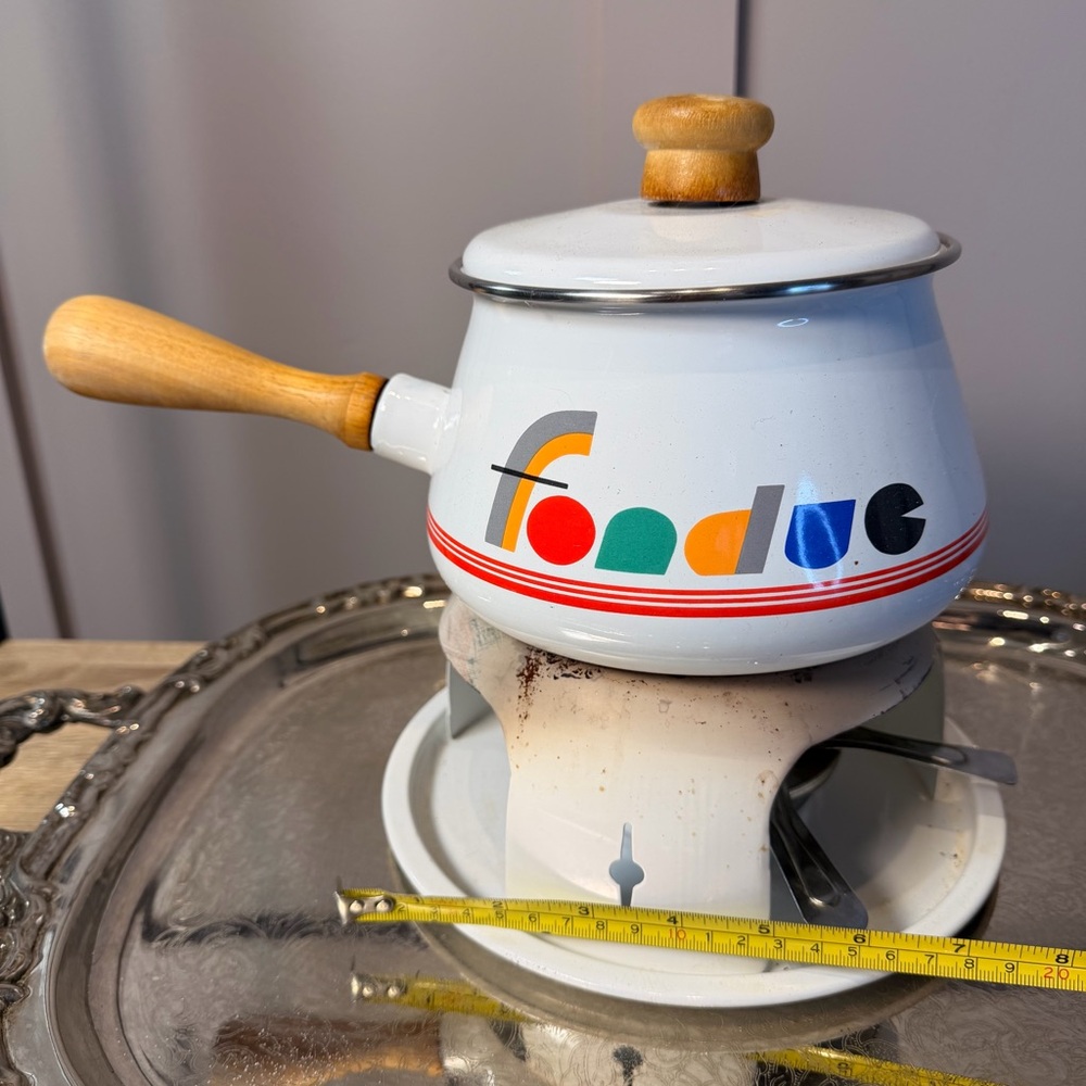 Vtg Mid Century Cream Enameled Fondue Pot Lid Stand Burner Snuffer - Picture 4 of 8